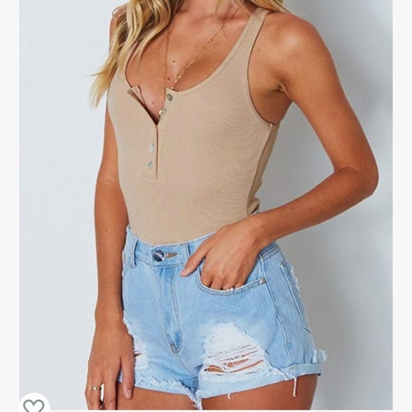 Scoop neck racerback tank button down bodysuit tan - Picture 4 of 6